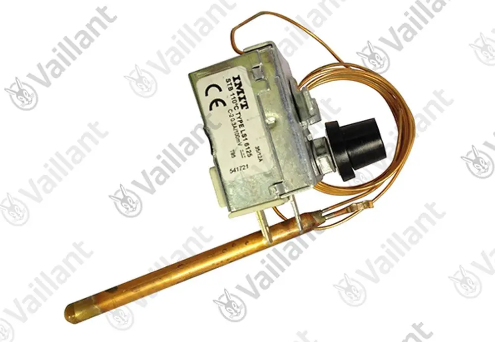 Vaillant Sicherheitstemperaturbegrenzer mit einem Metallgehäuse, einem Kupferrohr und einer daran befestigten Verbindung. Er ist für Wärme- und Sicherheitsanwendungen konzipiert.
